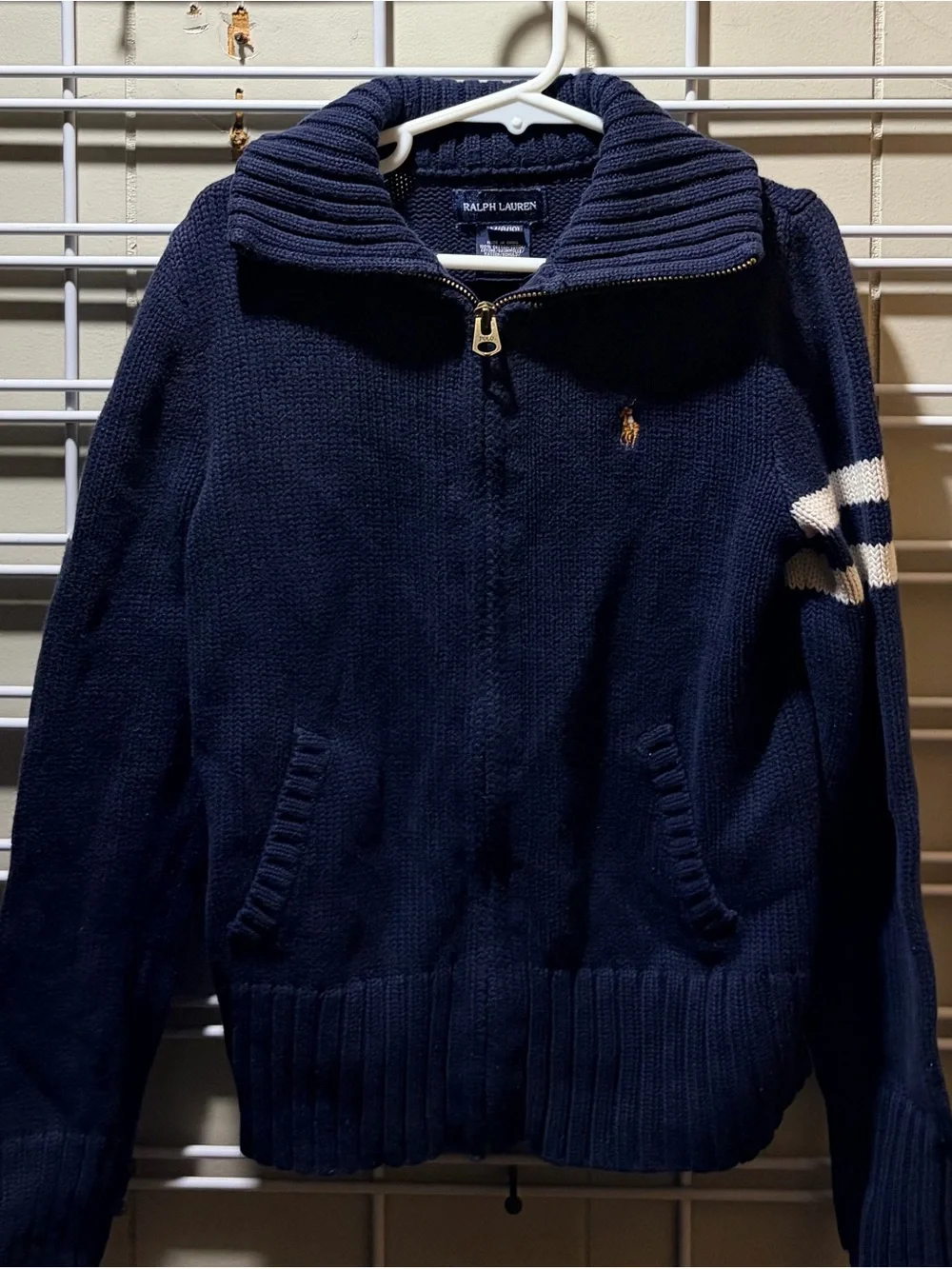 Girls Ralph Lauren Navy Knit Zip-Up Sweater with Cream Arm Stripes, size 8/10